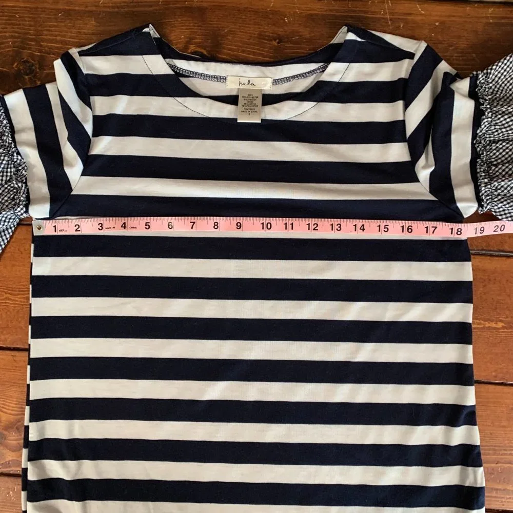 Women's Isela Navy and White Striped Gingham Nautical Ruffled Sleeves Blouse EUC - Picture 9 of 11